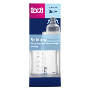 Стъклено шише Lovi, 250 мл, синьо, 3м.+