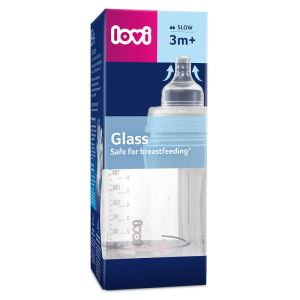 Стъклено шише Lovi, 250 мл, розово, 3м.+